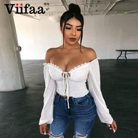viifaa lace insert white tie front frilled long sleeve shirred crop blouses women button off shoulder sexy streetwear tops