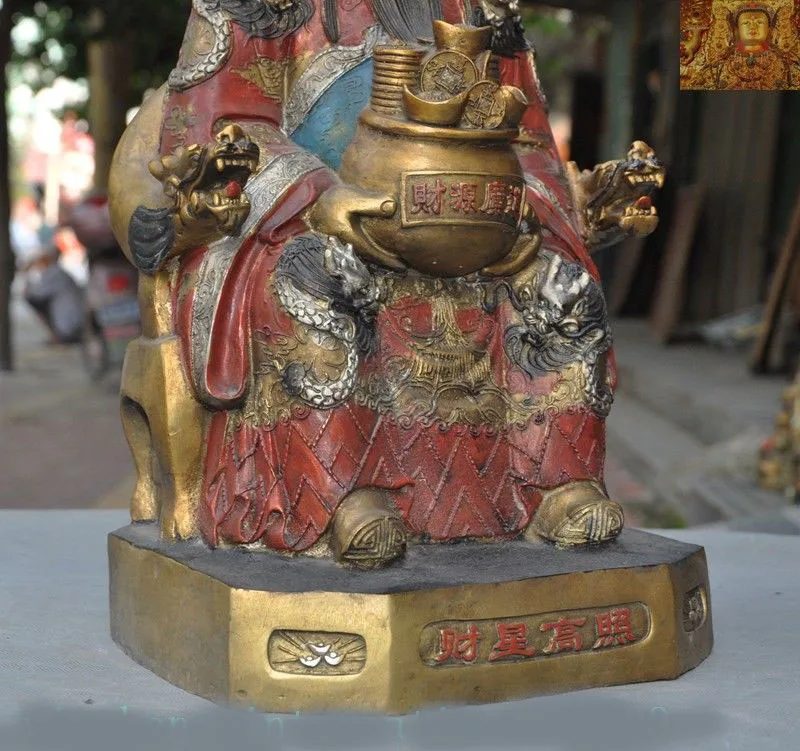 

wedding decoration China temple bronze Gilt-silver coin Yuanbao wealth God Jambhala Mammon statue New Year