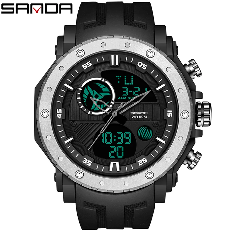 SANDA New Fashion men sports watches Digital Clock Military Camouflage Waterproof Watch LED Bright Watches quartz wristwatches