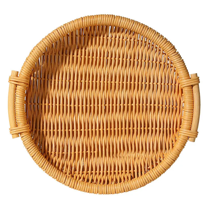 

Handmade Rattan Weaving Storage Tray Round Rectangle Basket with Handle Basket Bread Fruit Food Breakfast Display Container Tray