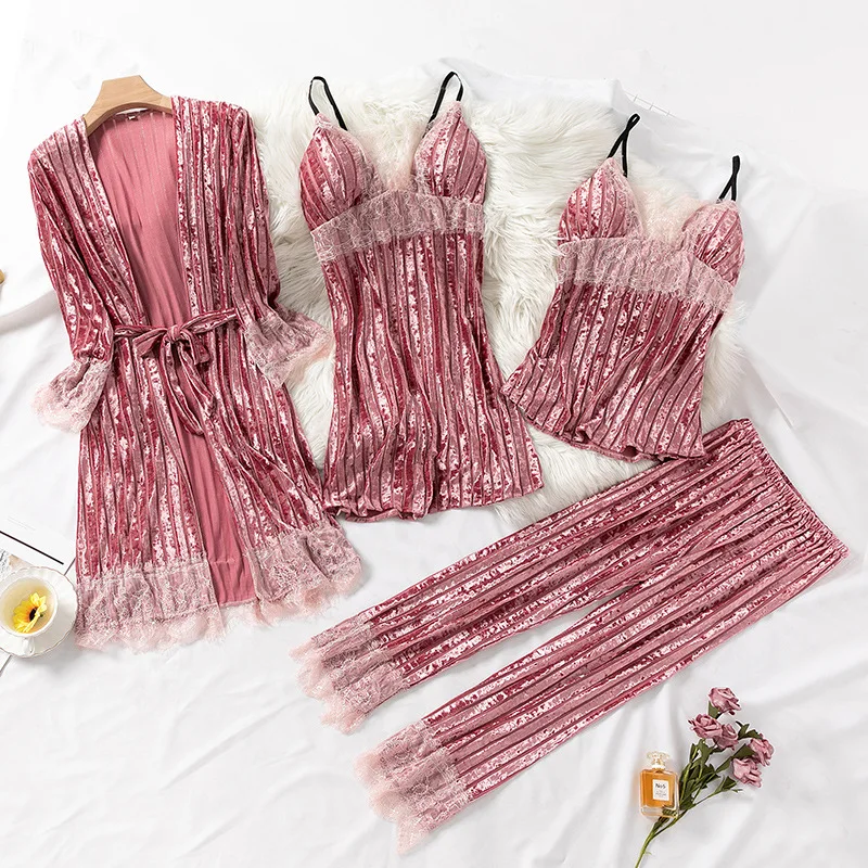 

4PCS Pajamas Suit 2021 Autumn New Women Sleepwear Nightwear Velvet Kimono Bathrobe Gown Soft Nightgown Intimate Lingerie