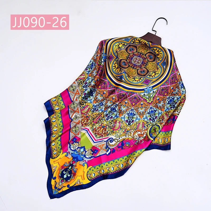 JJ090-26 90*90 см квадратный шарф для женщин, подходит ко всему, элегантные цветочные шарфы для волос, Женская бандана, весна-осень, атласные шелковые шарфы, шаль - Цвет: JJ090-26