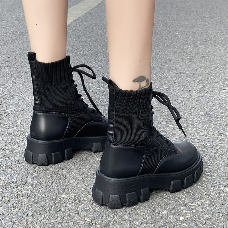Boots Women Leather Lace-Up Gothic Black Sock Platform Fashion Ladies Shoes Ankle Botas Mujer | Обувь