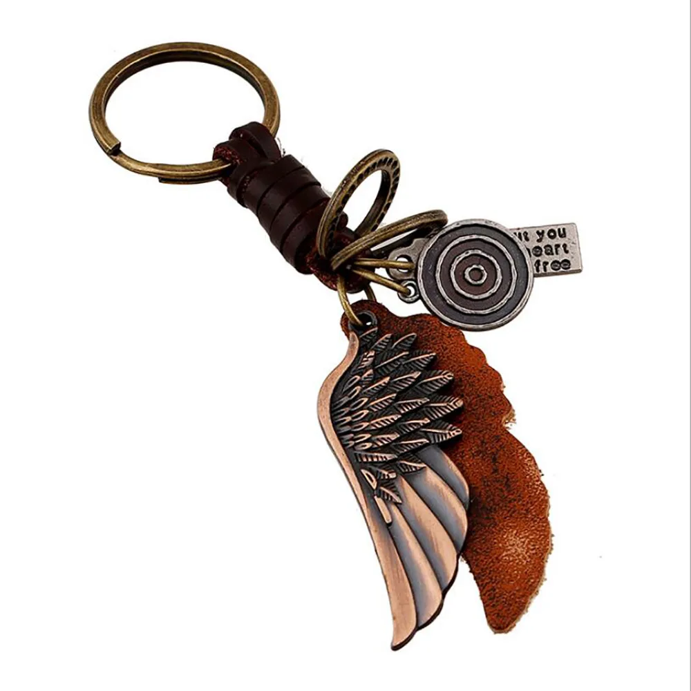 

Vintage hundred matching angel wings Leather braided key fob ornaments stylish Women and men metal Charm Handmade Gifts cute