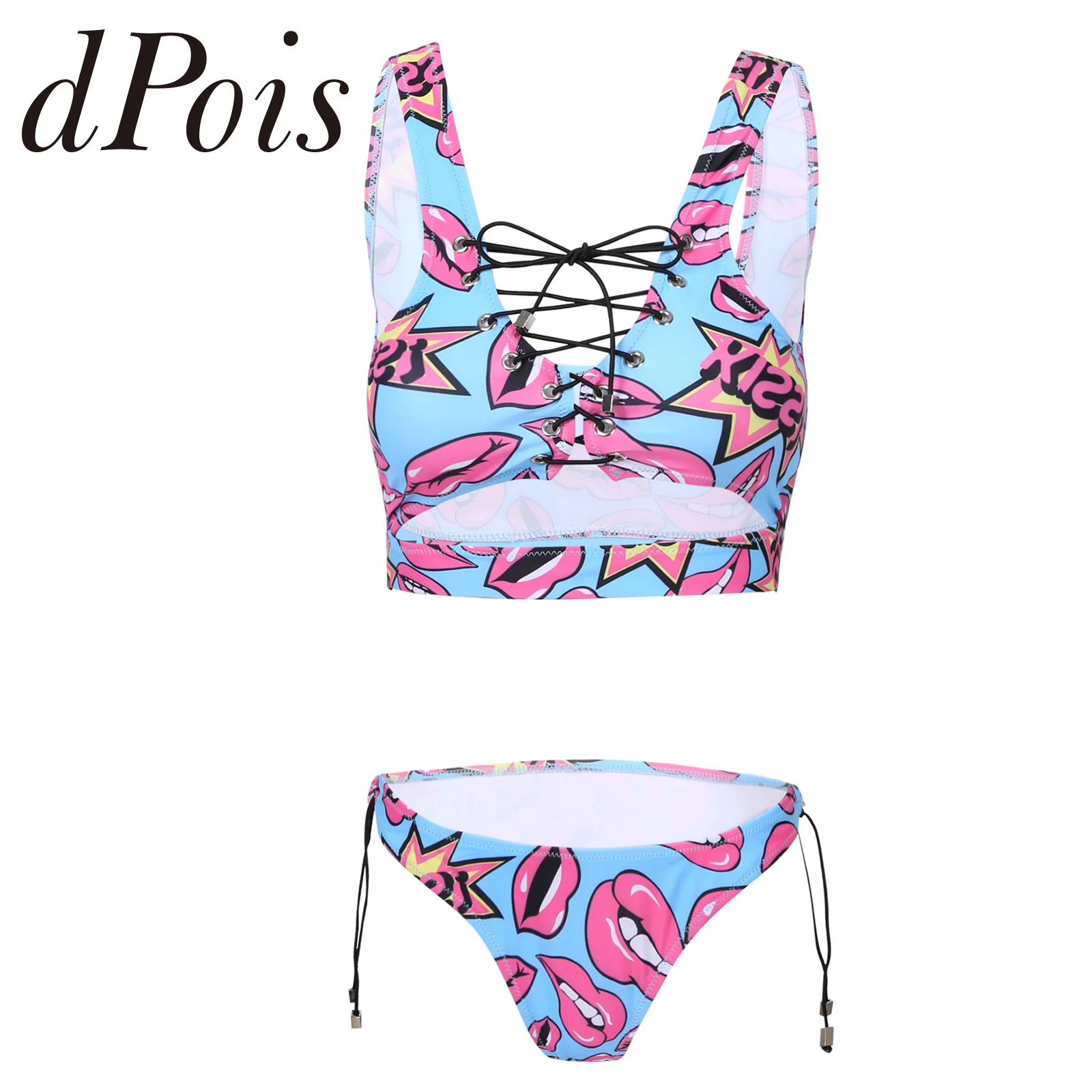 

Summer Womens Printed Swimsuit Lace-Up Swimwear Beachwear Bathing Suit Padded Bra Tank Top with Briefs Two-Piece Swimming Suits