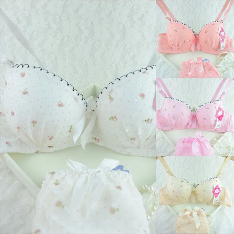 

Sexy Cute Bras sets Women Cotton Padded Bra Push Up small fresh bra small dot flower lingerie Sweety Bow Underwear Ladies Girl
