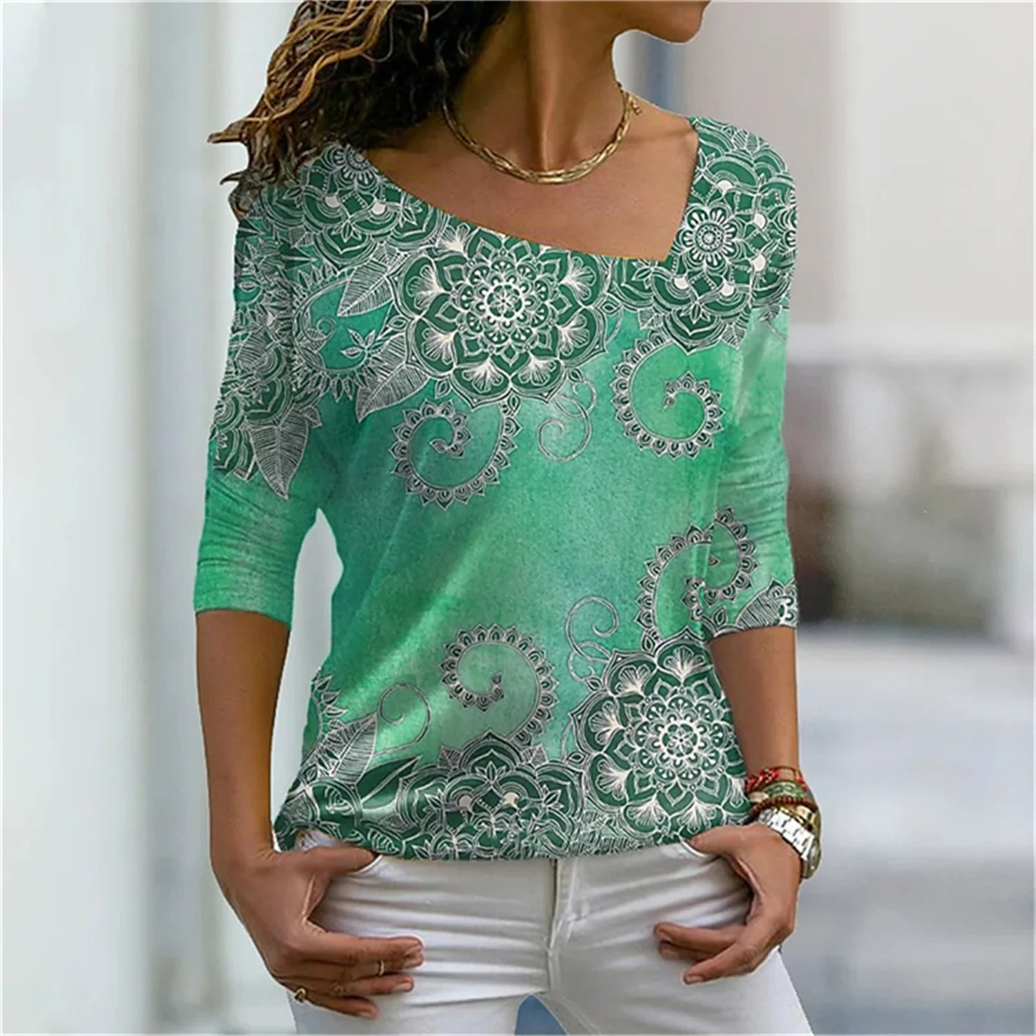 Personality Retro V-neck Slim High-Quality Spring Breathable Woman Sublimation 3D Printing Pattern Bottoming Top Fashion T-shirt |