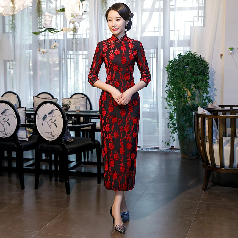 Винтажное китайское традиционное женское велюровое цветочное Qipao Мандарин