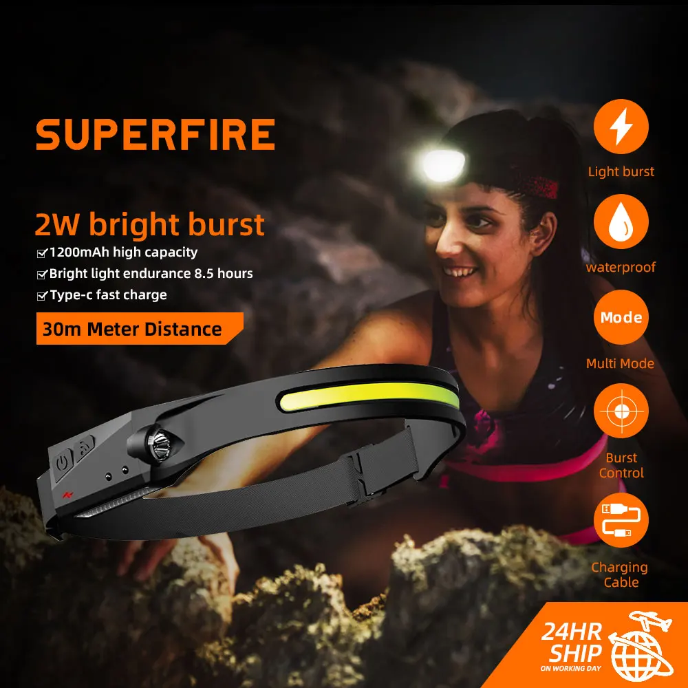 

SUPERFIRE HL65 COB LED Headlamp With Sensor Built-in Battery Flashlight USB Rechargeable Head Lamp Torch 5 Lighting Modes Work