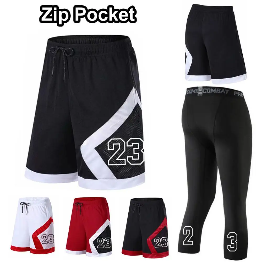 High Quality Men Basketball Shorts Quick Dry Zip Pocket Workout Compression Board Shorts Athlete Exercise Running Fitness Tights
