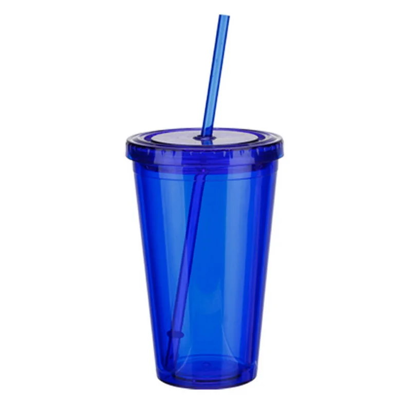 blue 1 шт, 500 мл, чашка для кофе, сока, чая, чашка с двойными стенками, для холодных напитков, многоразовый, для смузи, пластиковый стакан со льдом, кружка для путешествий с соломинкой - Цвет: blue