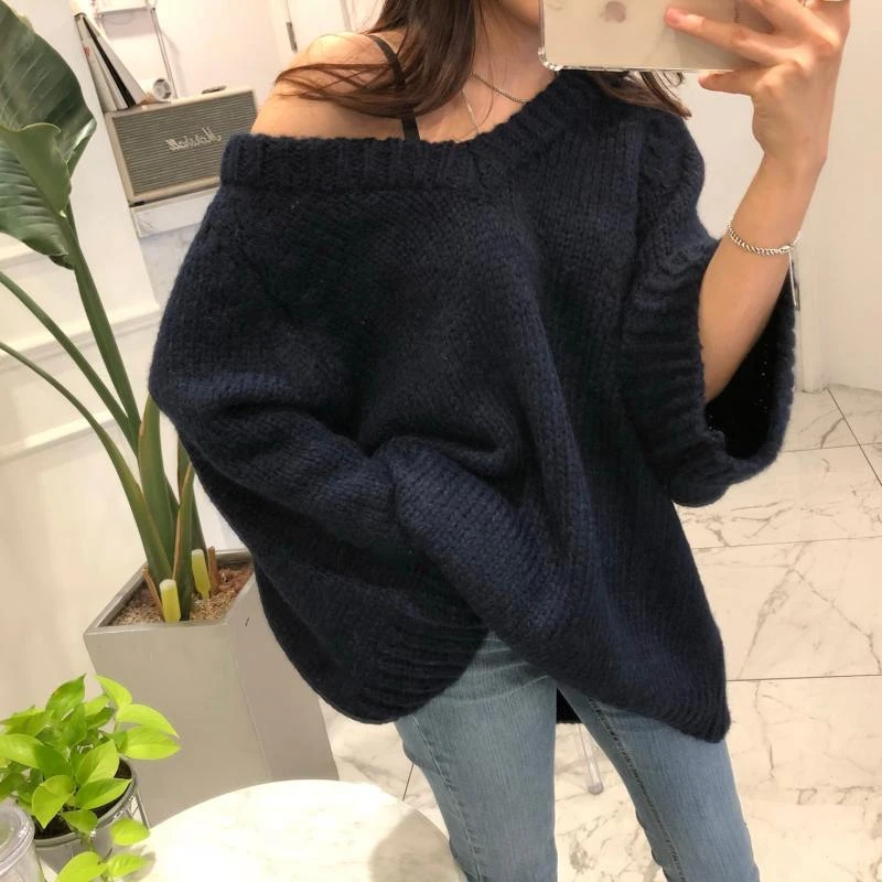 RealShe кашемировый женский свитер с круглым вырезом свободный длинным рукавом