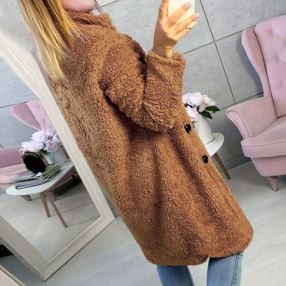 

2020 Women's Fashion Autumn Winter Warm Coats Long Casual Turn-down Collar Wool Jackets Female Solid Buttons Blends Ourwears