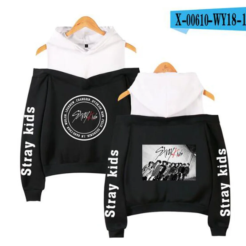 

New Hot Sale Stray kids Kpop Hoodies Strapless Hoodies Women/Girls Fashion off shoulder Streetwear Cute Stray kids Sweatshirts