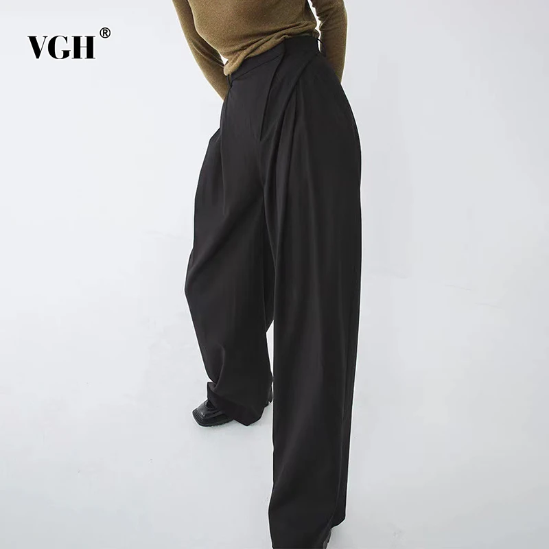 

VGH Casual Temperament Fold Loose Solid Pant Female High Waist Fashion Minimalist Wide Leg Pants For Women Autumn Style 2021 New