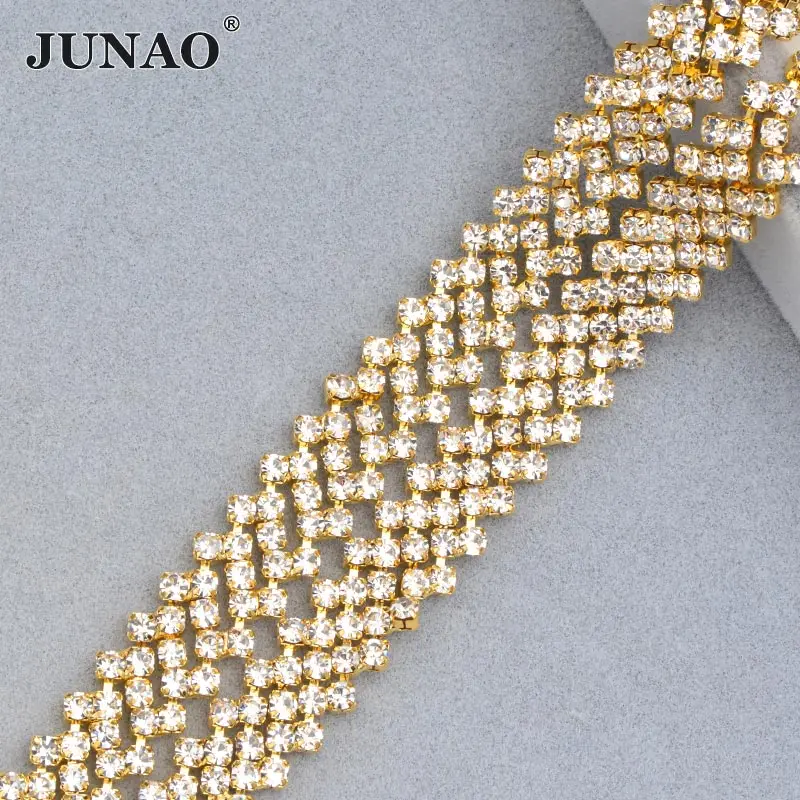 Gold JUNAO SS16 прозрачные AB стеклянные стразы на цепочке лента с кристаллами аппликация для шитья металлическая окантовка страз лента для одежды Ювелирные изделия - Цвет: Gold