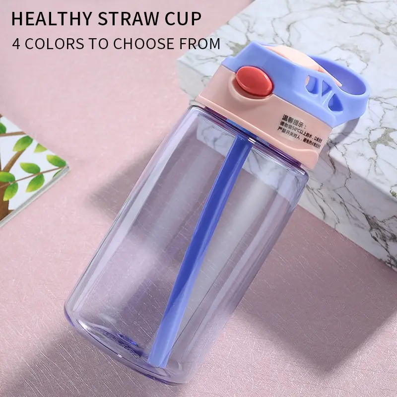 

380ML 4 Colors Baby Straw Water Bottles Sippy Cup Push Button Water Bottle for Infant Newborn Children with Easy Grip Band