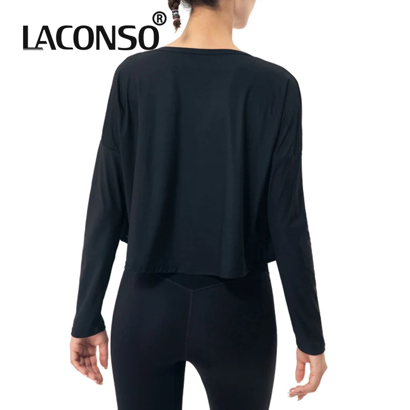 

LACONSO 2021 New Women's Loose Sports Fitness Gym Top Shirts Long-Sleeved Blouse One-Piece Skirt Hip-Covering Tie Workout Female