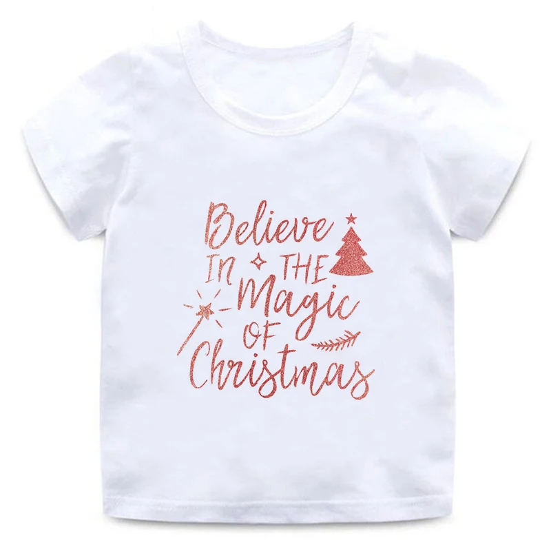 

Европейская и американская мода, Детские футболки, верьте в волшебство Рождества, печатная Однотонная футболка с коротким рукавом