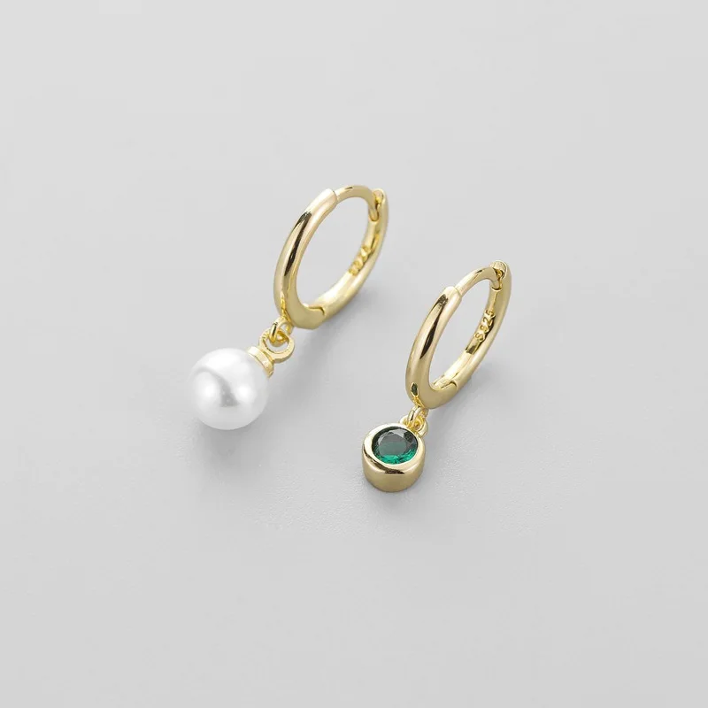 

Simple Style Small Hoop Earrings Tiny Pearls Green Zirconia Asymmetric Thin Huggies Elegant Earring Piercing Jewelry For Women