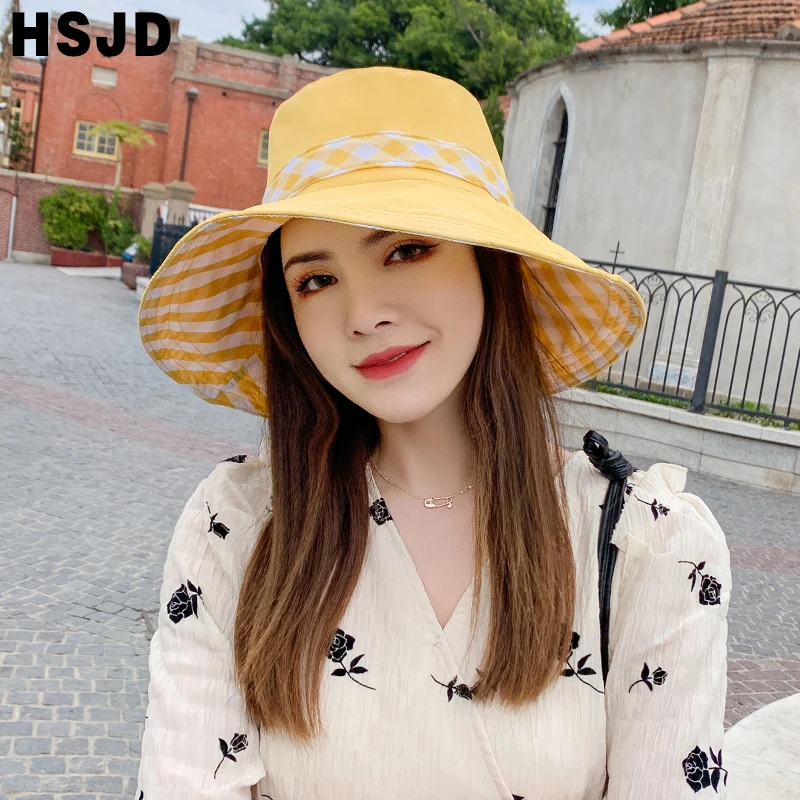 New Double Sided Plaid Bow Summer Sun Hats For Women Wide Brim Foldable Anti-UV Beach Hat Fashion Female Holiday Sunshade Cap