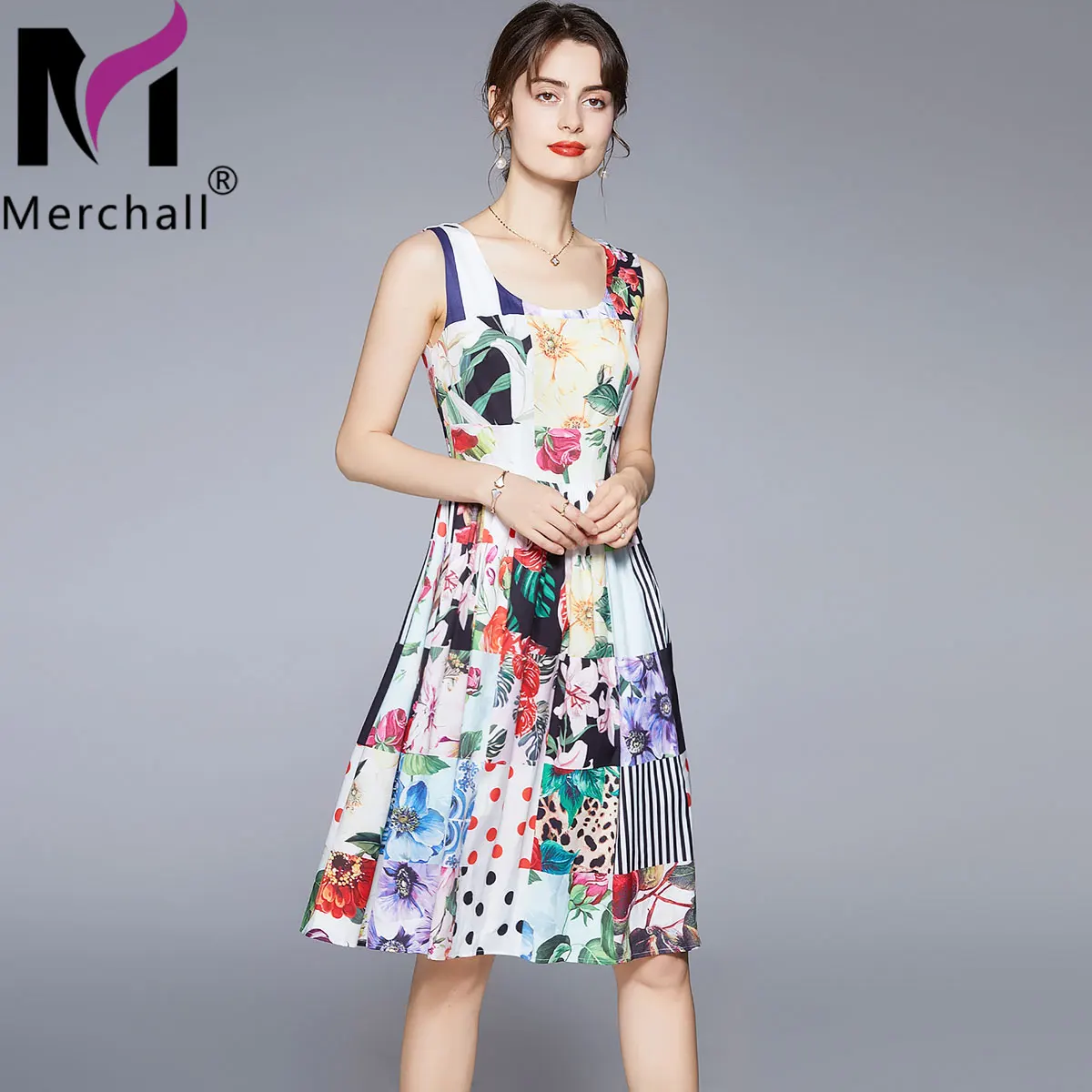 

Merchall 2021 Summer Vacation Dress Woman Elegant Flower Print Spaghetti Strap Sleeveless Backless Plaid Midi Dresses M77031