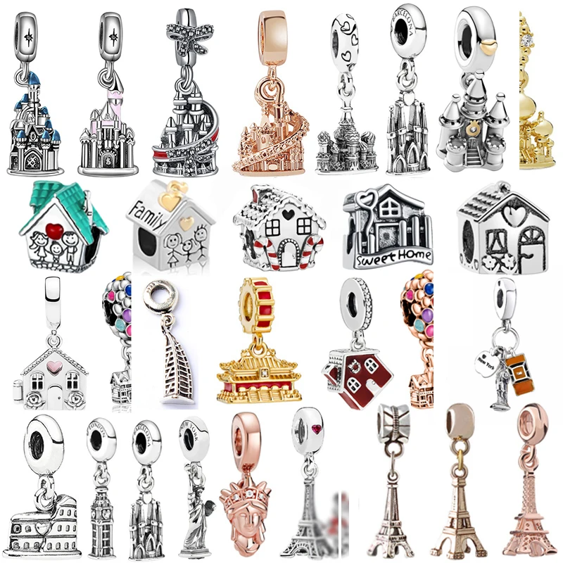 

Disny Cartoon Castle Pendant Fit Original Pan Charms Bracelet Women Eiffel Tower Xmas House Beads DIY Jewelry Kid Christmas Gift