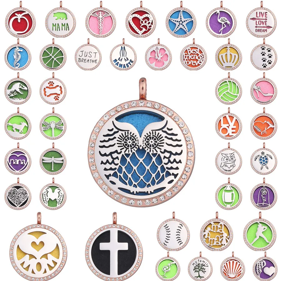 

New 10pcs/lot 30mm Rose golden essential Oils Aromatherapy lockets Rhinestone Aroma Diffuser locket Perfume Pendant free 100pads