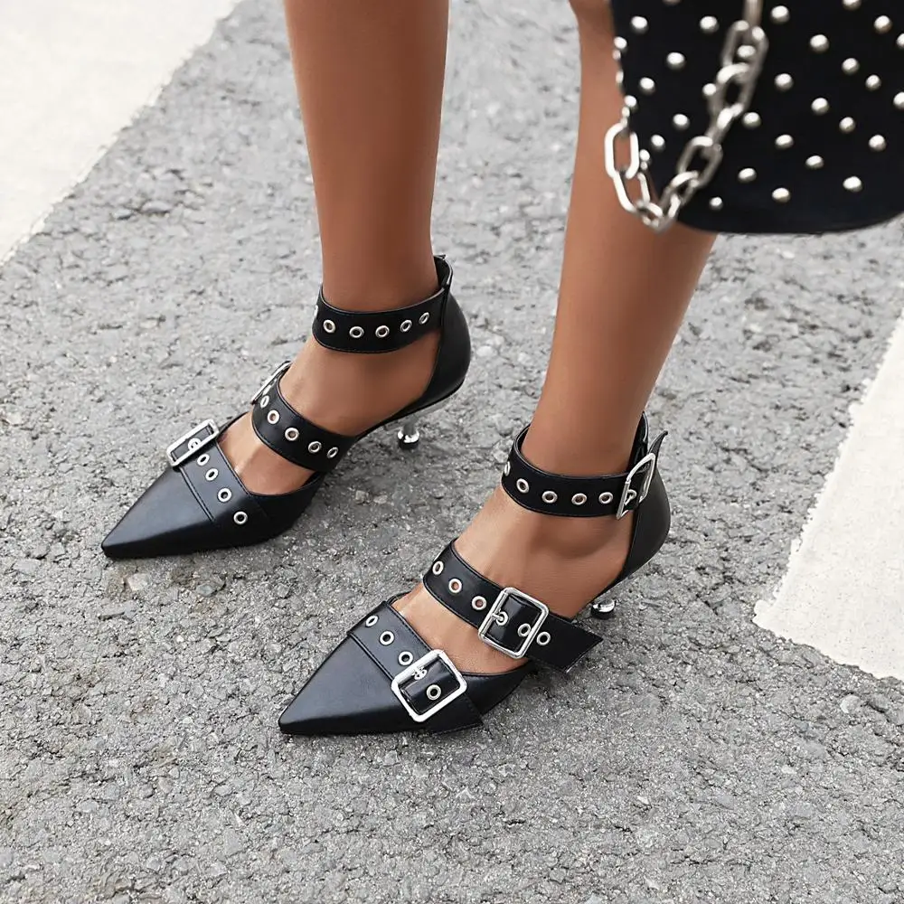 

Original Intention New Style White Black Rivets 3 Buckles Sandals Woman Pointed Toe Punk Style Stiletto Heels Super Sexy Shoes