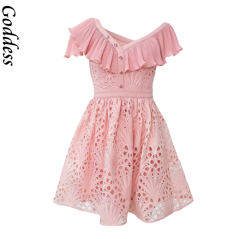 

2021 Summer Women One Off Shoulder Tunic Cute Pink Dress Hollow Out Ruffles Pleated Lace Dress Female Birthday Outfit