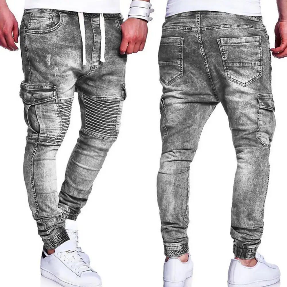 

Fashion Multiple Pocket Pleated Knee Slim Men Jeans Drawstring Casual Long Pants