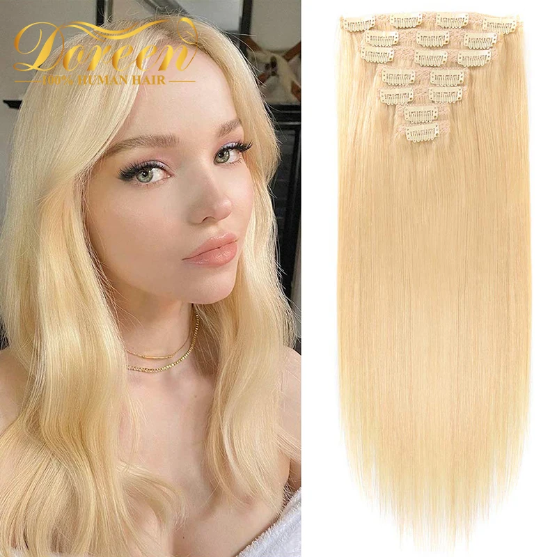 

Doreen 200G #60 Blonde Clip In Human Hair Extensions Full Head Set 10pcs Brazilian Machine Made Remy Straight Hair 14-26 Inch