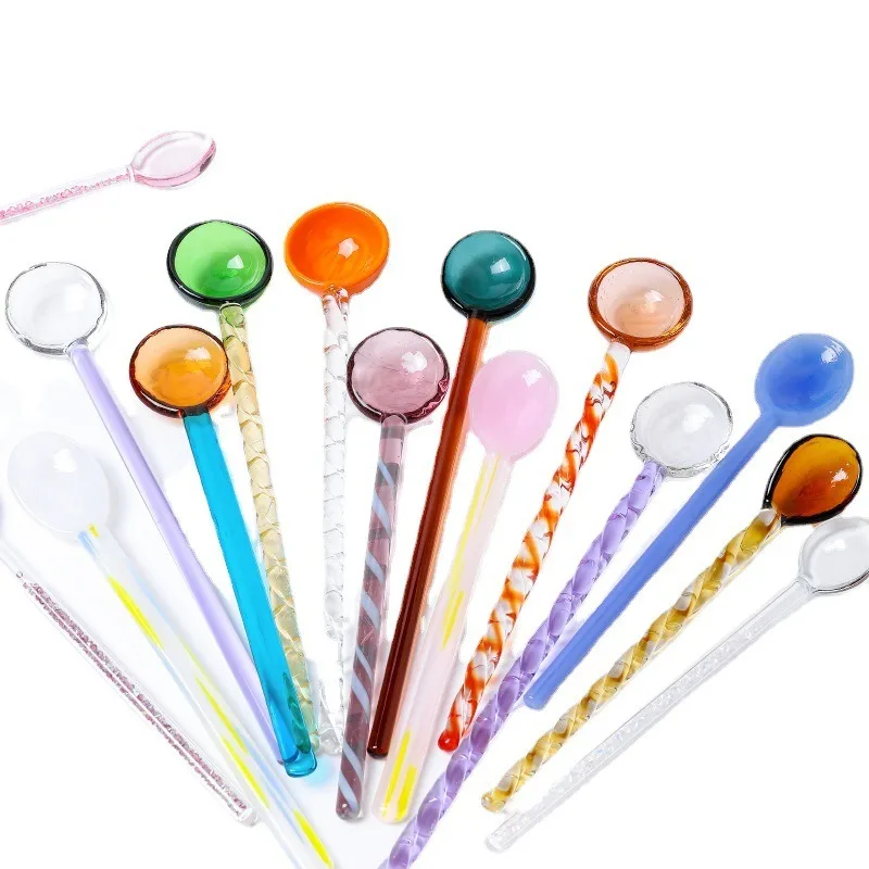 

Creative Glass Milk Spoon Colored Transparent Coffee Dessert Stirring Spoon Long Spiral Handle Round Kithcen Tablware Spoon,1PC