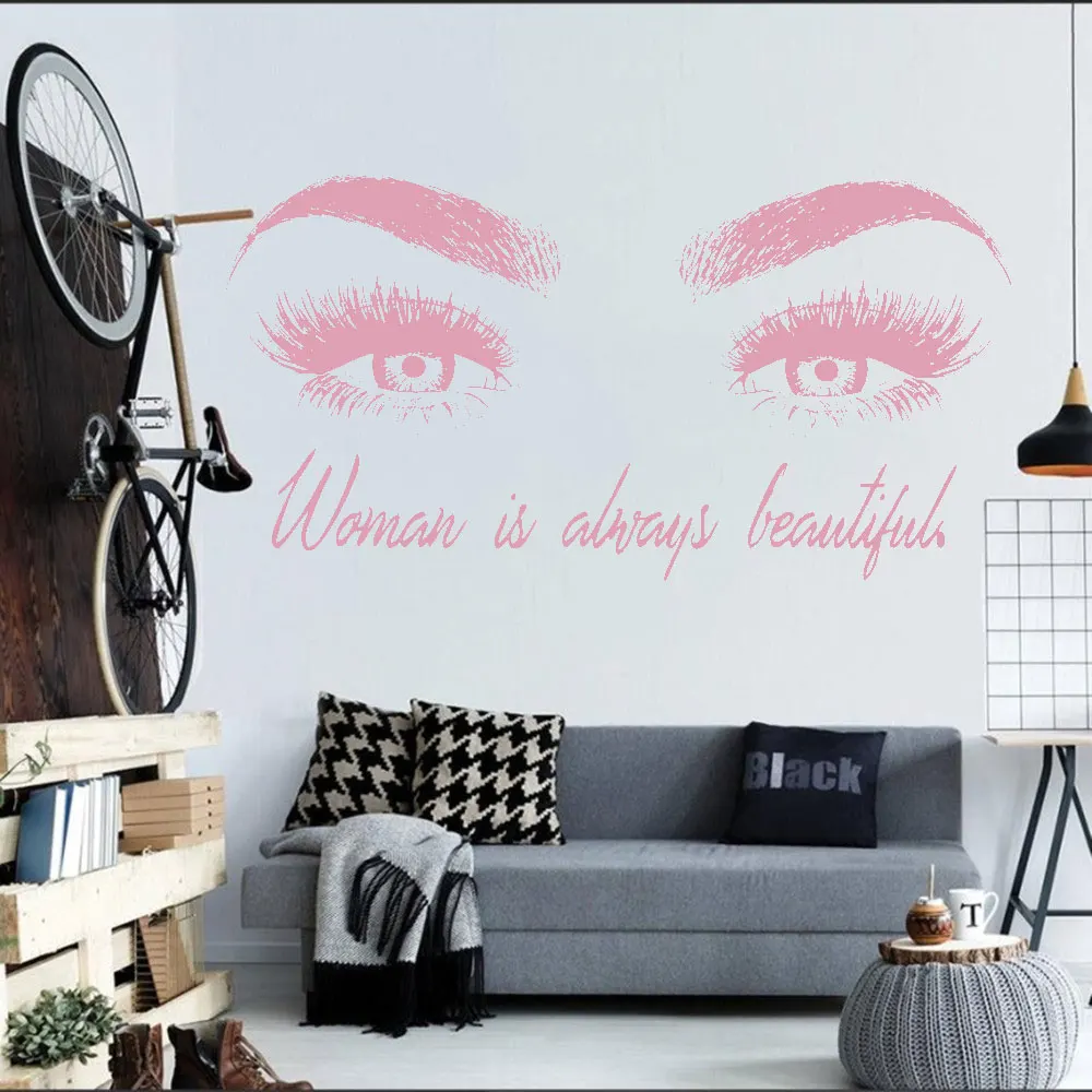 

Eyes Wall Decals Beauty Girl Eye Lash Quote Woman Is Always Beautiful Art Wall Stickers Make Up Stickers DW13172