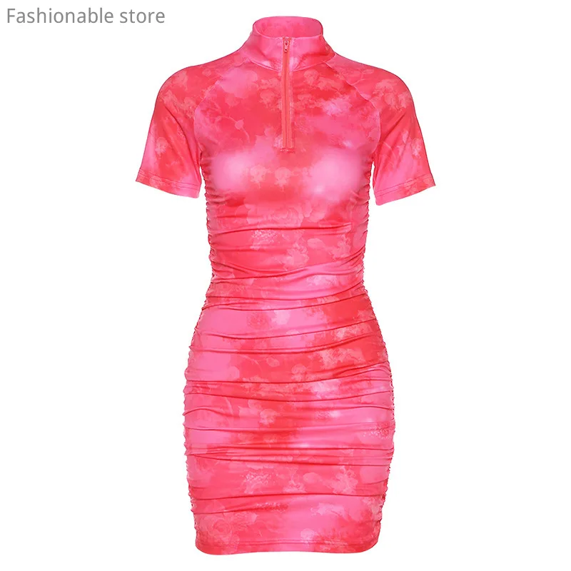 

Women Short Sleeve Zipper Design Casual Bodycon Dress