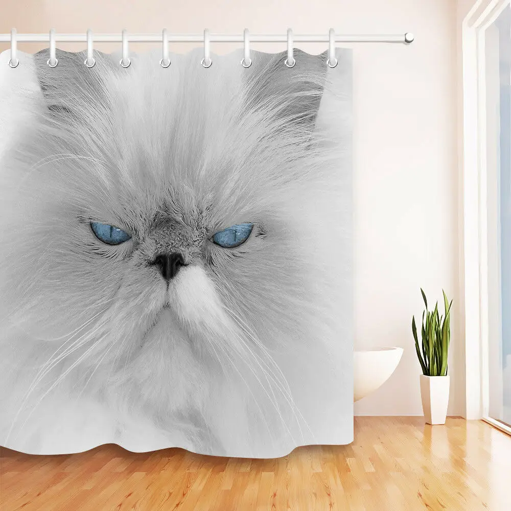 

Cute Blue Eye Cat Shower Curtain Bathroom Fabric Curtains Liner Set