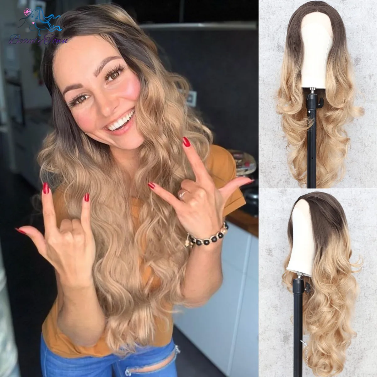 

BeautyTown, коричневыми Длинный волнистый синтетические передние кружевные парик для женщин ежедневного макияжа свадьбы, Хэллоуина, с вечеринк...