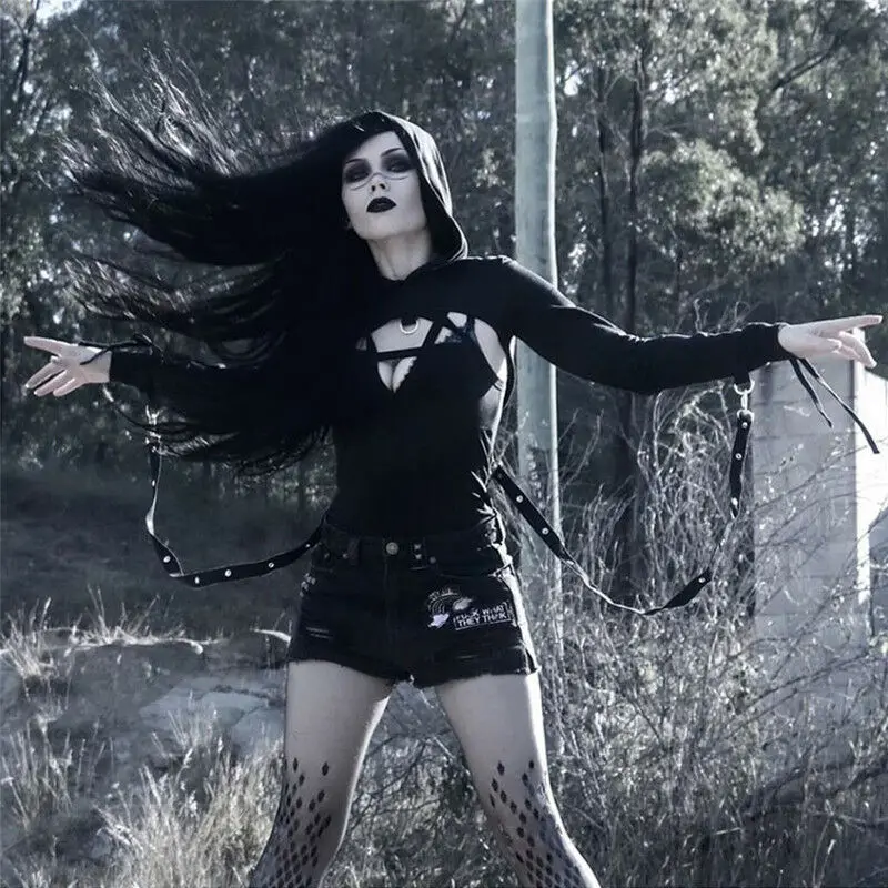 Черная Толстовка Goocheer женские готические короткие толстовки с длинным рукавом