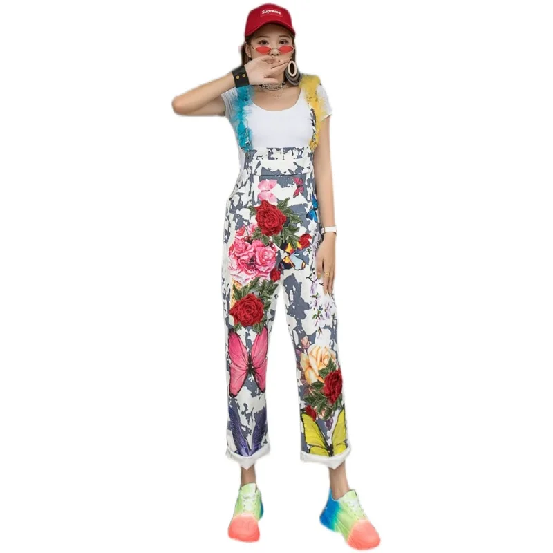 European station fashion embroidery flower print overalls female fried street personality loose overalls overalls trousers