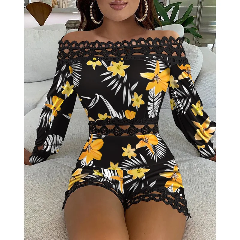 

Print off-shoulder rompers Autumn holiday style lace women romper 2021 Casual Fashion outfits hollow out playsuit