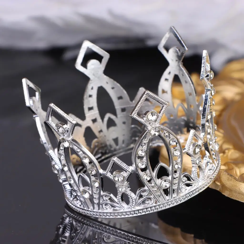 

4Pcs Crown Cake Toppers Rhinestone Crystal Silver Tiara Ornament for Wedding