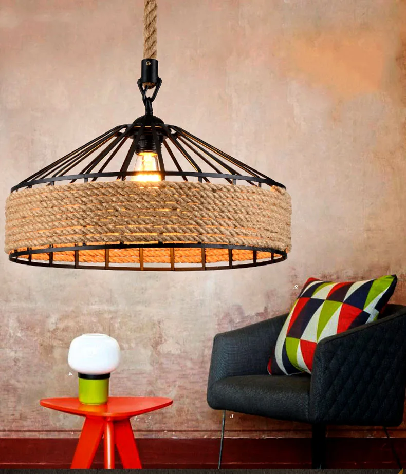 

American Pendant Lights Retro Iron Base Hemp Rope Chandelier Bar Cafe Restaurant Black Creative Industrial Wind Chandelier
