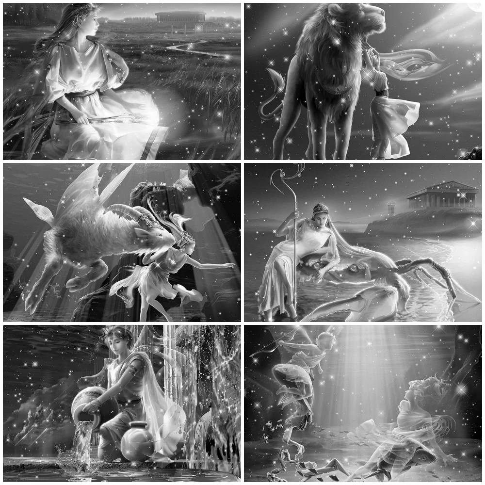 

Full Square Drill 5D Diy Diamond Painting Black White Zodiac Sign Gemini Leo Aries Diamond Embroidery Birthday Gift Home Decor