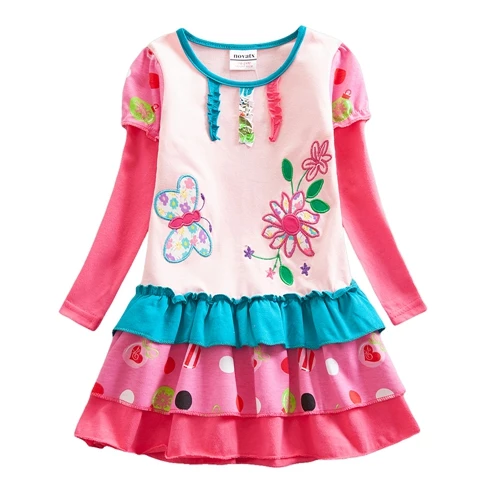 H7126 pink JUXINSU/милые хлопковые платья с длинными рукавами и рисунком «Маша и Медведь» для девочек, платье «точка волны», Осень-зима, для маленьких девочек 1-7 лет - Цвет: H7126 pink