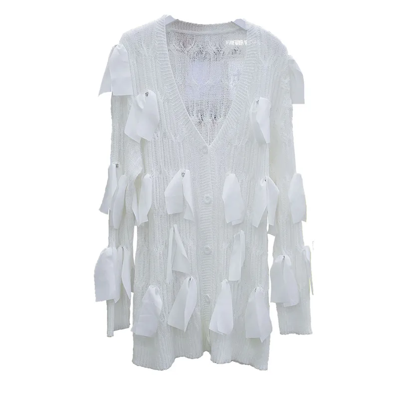 

Plus Size Cardigan Women Bow Tassel Mid-Length Thin Sweater Lady Top Loose Knitwear Female Causal Street Coat Casaco Feminino