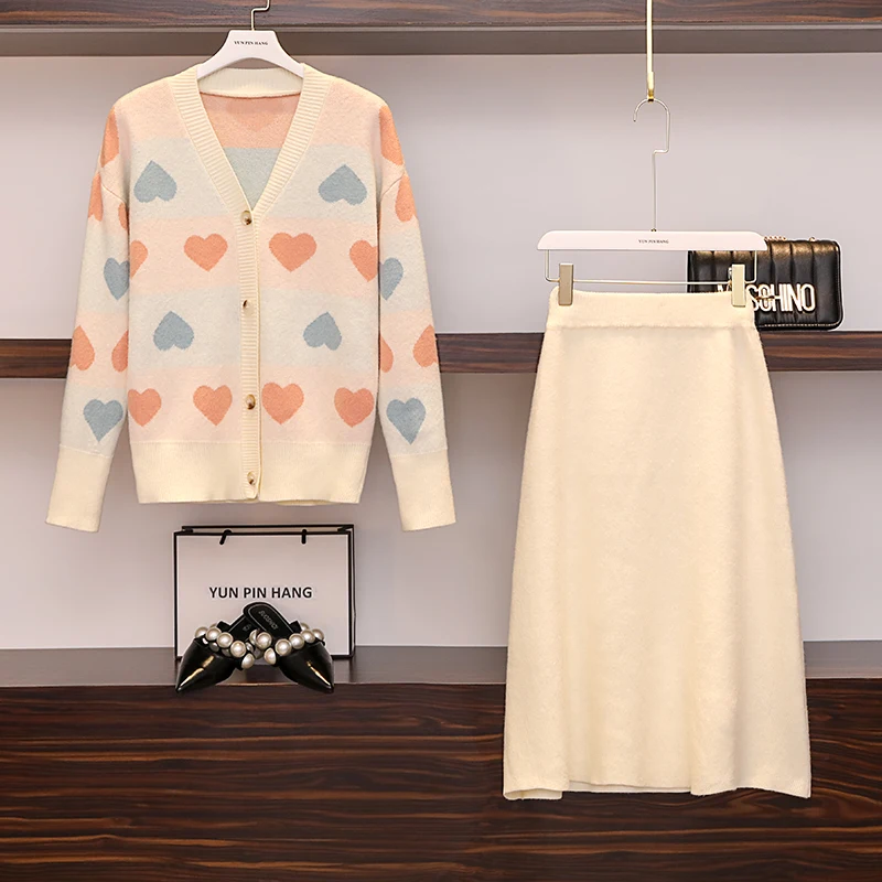 

Big Yards Autumn Wear Big Size L -4XL Cardigan V Neck Top Sweater Love Knitted Long Skirt 2 Pcs Clothing Set Outfit Casual Women