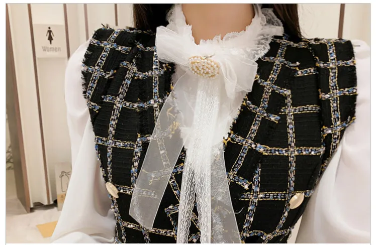 Женский твидовый комплект из 2 предметов рубашка с воротником бантом со стразами