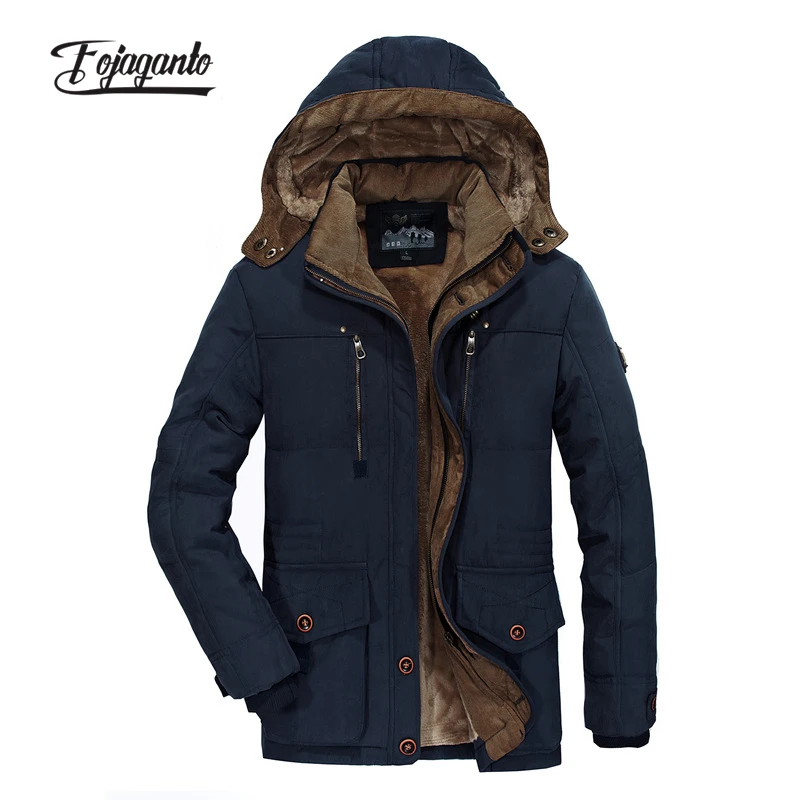 

FOJAGANTO Men's Winter Plus Velvet Parka Thick Loose Multi-Pocket Mid-Length Cotton Coat Solid Color Casual Warm Parka for Men