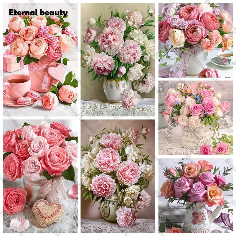 

Full Drill Diamond Painting Pink Flowers Handicraft 5D Diamond Embroidery Rose Flowers Mosaic Wall Art Rhinestone for Home Decor