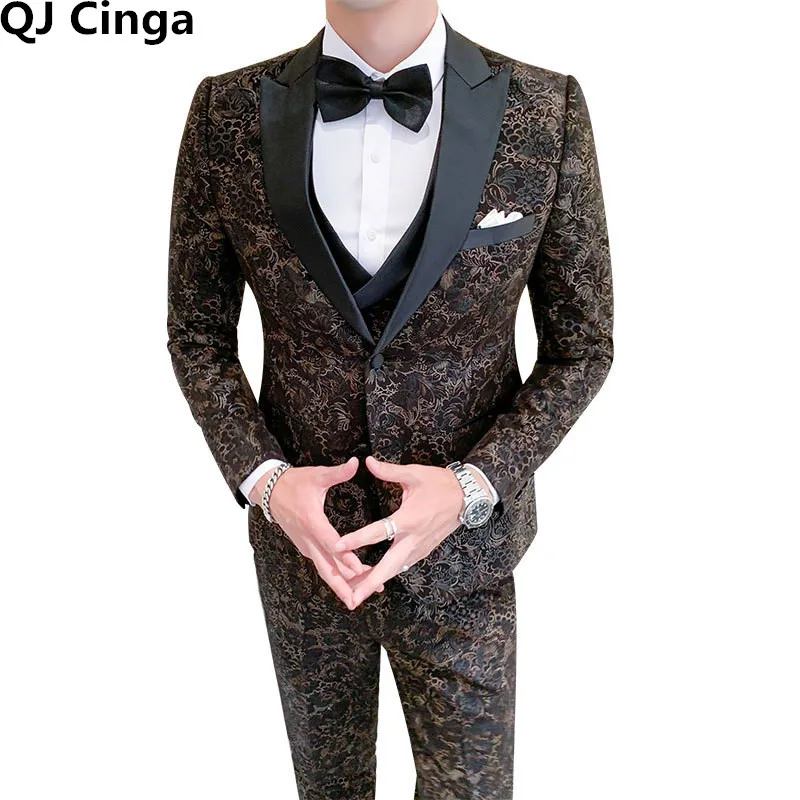 

QJ CINGA New Gold Printed Suit 3 Sets Men's Wedding Party Tuxedo Single Breasted Dress Jacket and Trousers Vest Terno Masculino